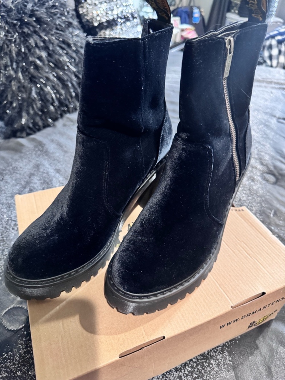 Dr. Martens Black Velvet Ankle Boots with Side Zip - Women